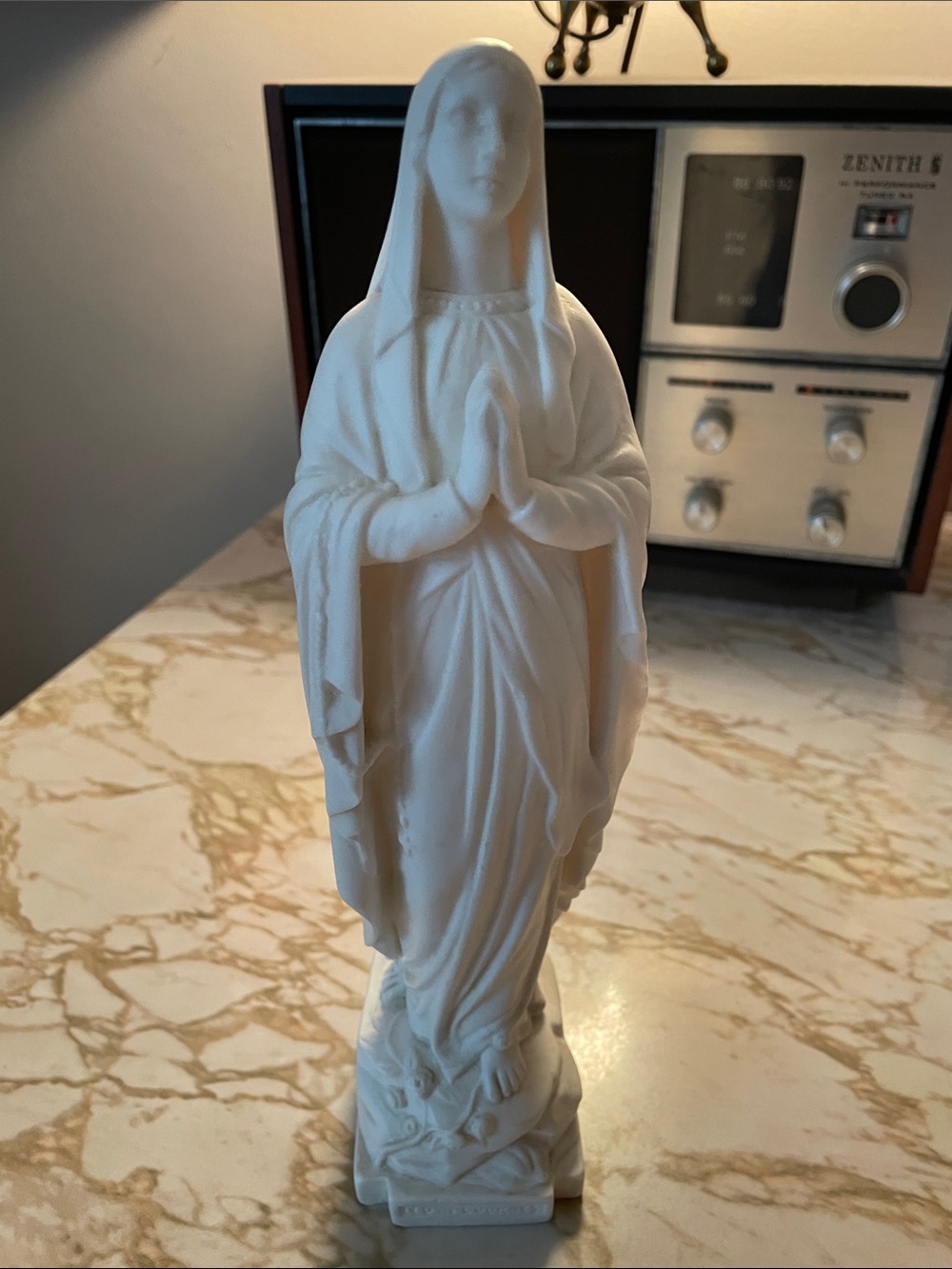 VTG White Devotional Statue Our Lady of Lourdes Made in France Signed C Maillard